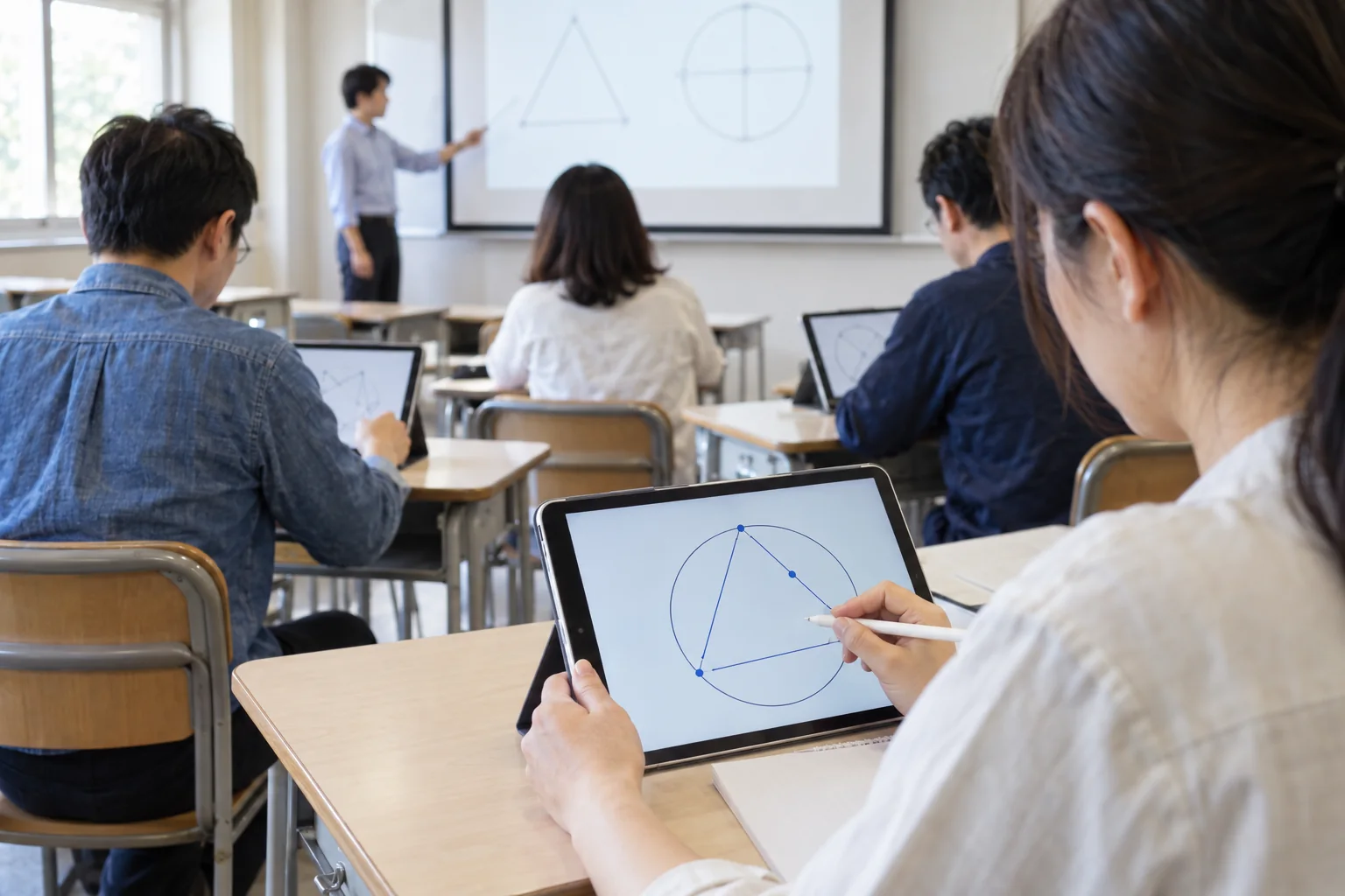 教室でiPadとペンを使って演習に取り組む受講者