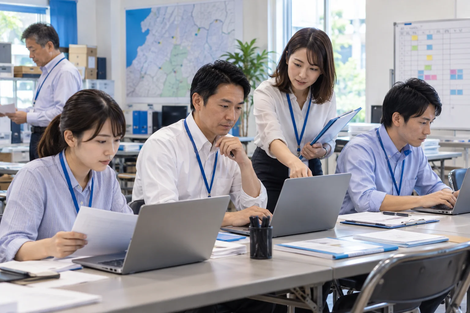 選挙事務所でノートパソコンを使って作業するスタッフ