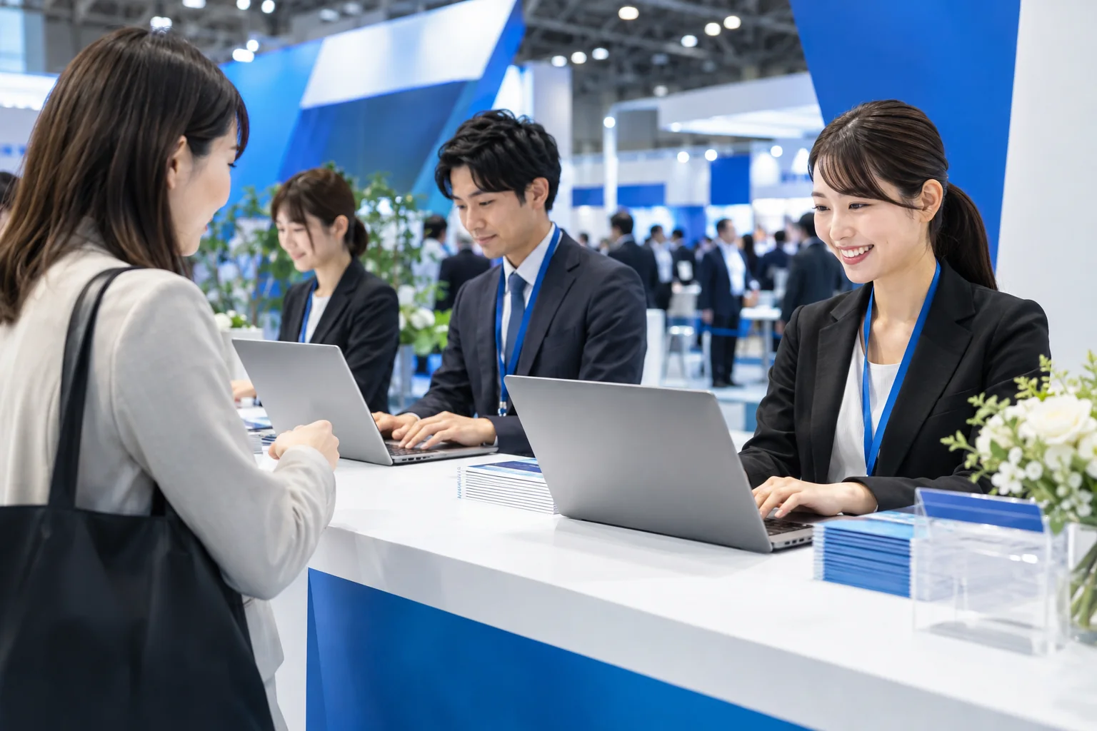 展示会の受付でノートパソコンを操作するスタッフ