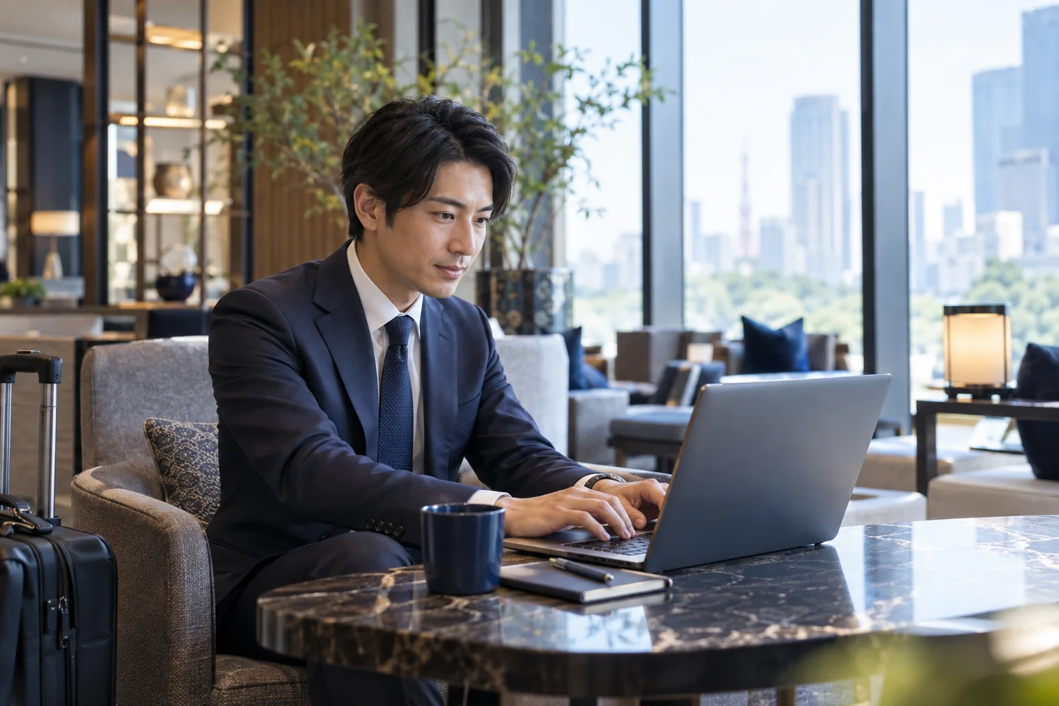 出張先でノートパソコンを使って仕事をするビジネスパーソン