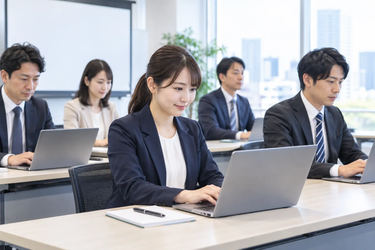 企業研修でノートパソコンを使う受講者と講師